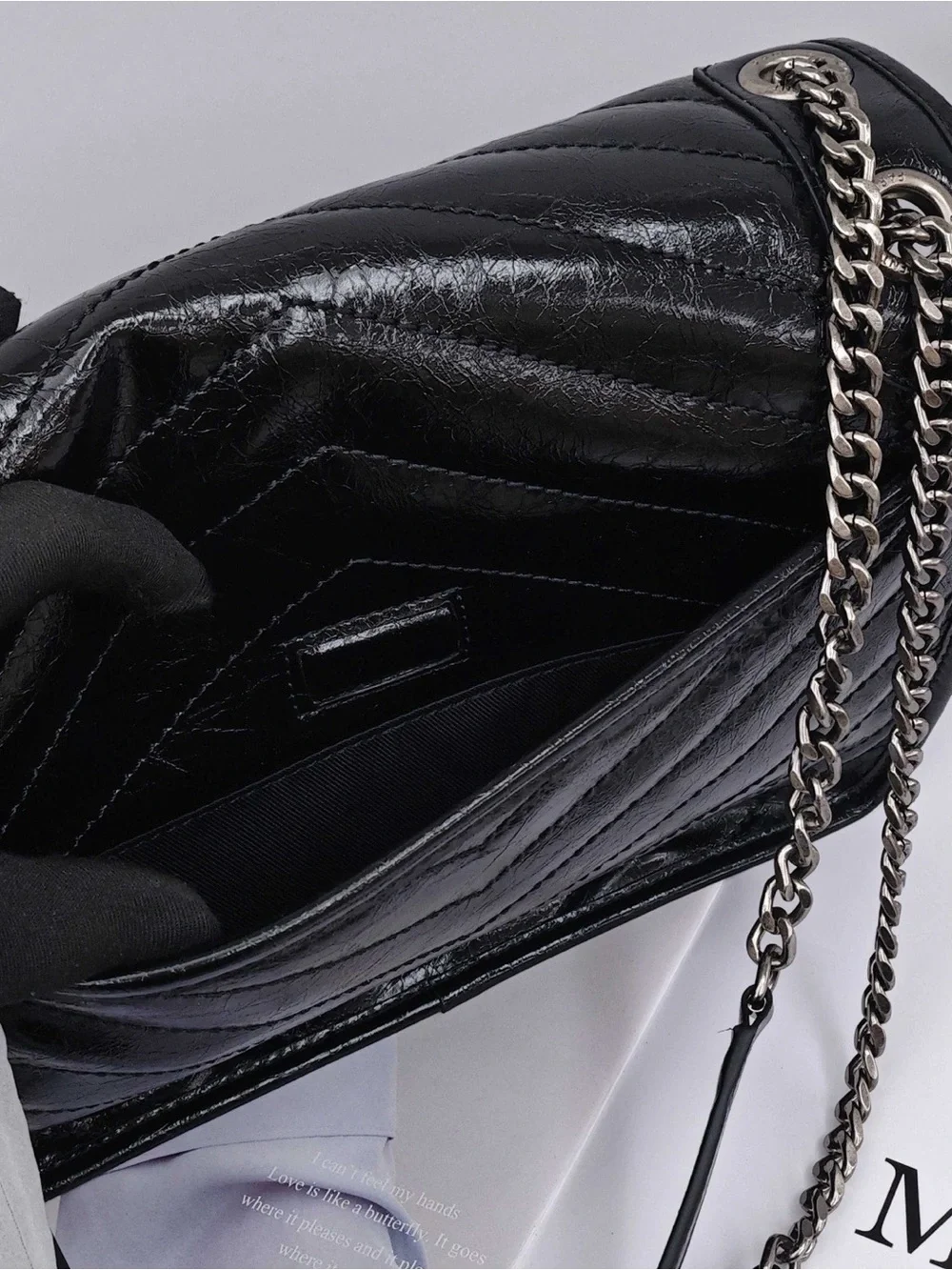 Saint Laurent Black Crinkled Leather Chain Shoulder Bag